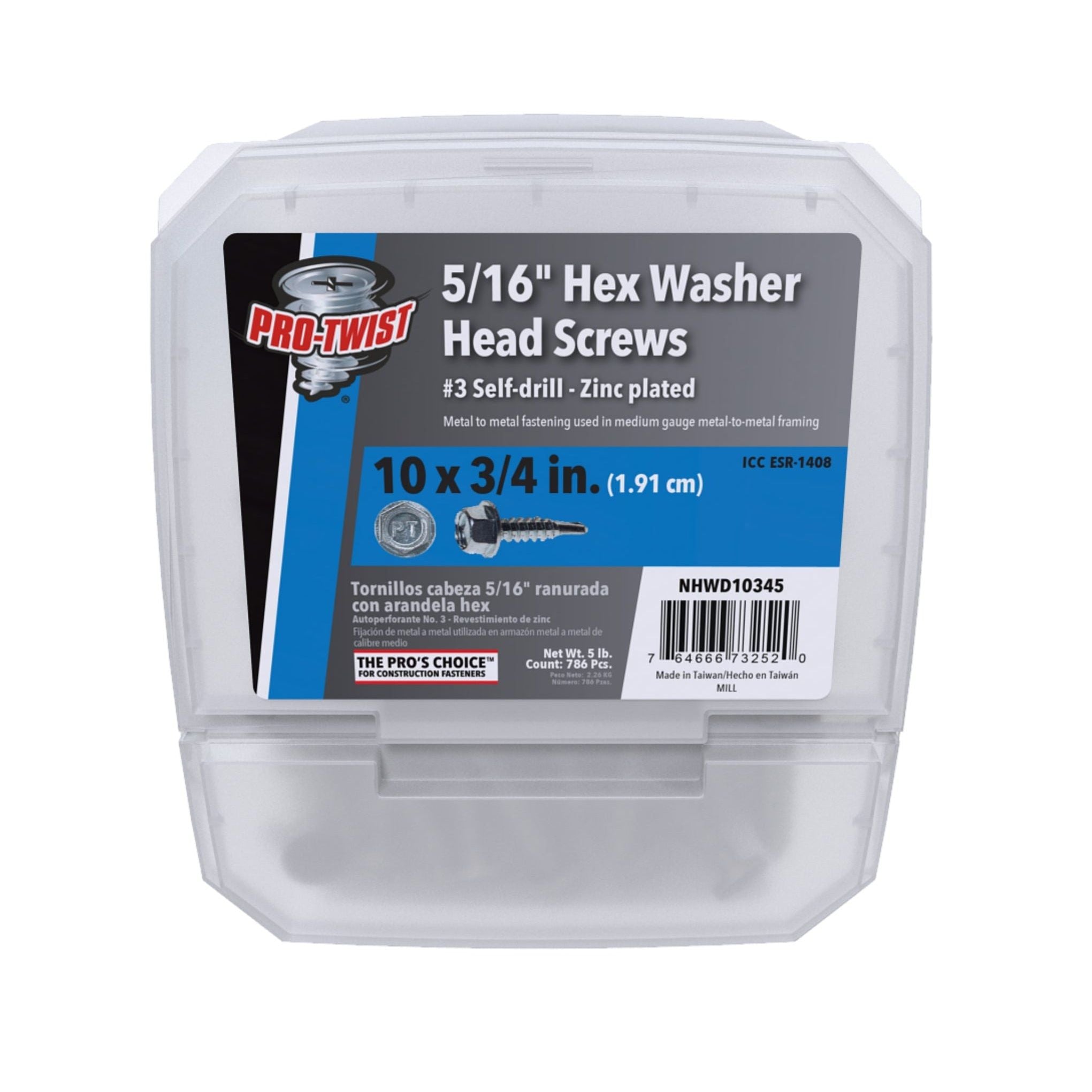 A clear plastic box of Pro-Twist NHWD10345 screws contains self-drilling, zinc-plated screws perfect for metal-to-metal fastening. The #10 x 3/4 inch screws have a 5/16 hex washer head, with ten inside, proudly displaying the Pro-Twist logo.